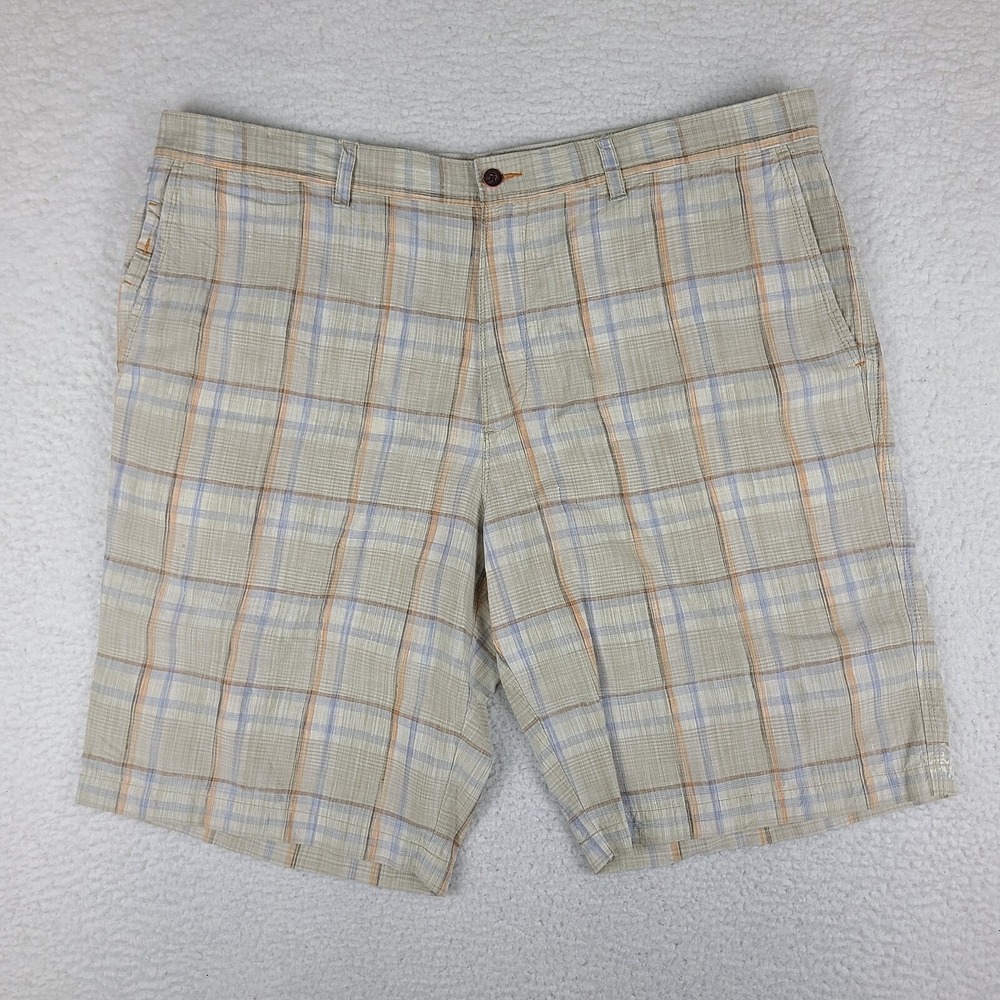 Tommy Bahama Shorts Mens 40 Beige Blue Plaid 11" Linen Silk Casual Chino *